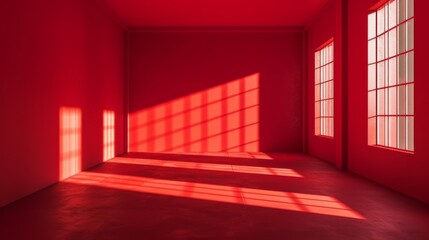 Empty space in red color. Studio room with window