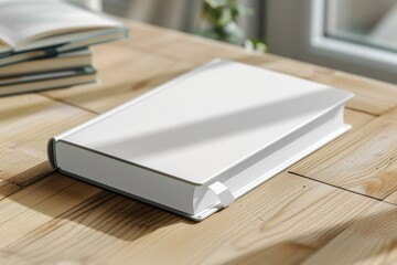 Blank photorealistic notebook mockup on light grey background, front view with label.