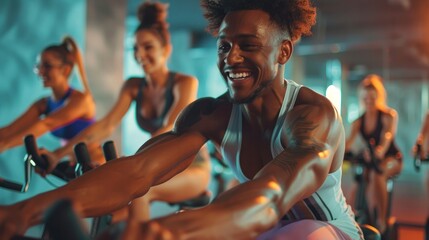 Happy men and women exercising together in the gym, diversity