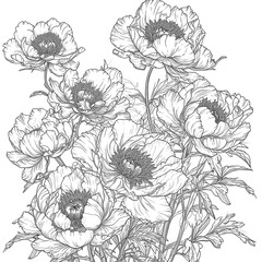 Elegant peony flowers, design elements.  Coloring page. Can be used for cards, invitations, banners, posters, print design. Floral background in line art style