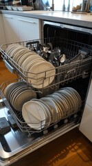 Modern dishwasher filled with clean plates and dishes