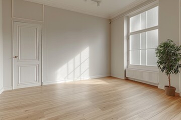 Minimalist empty room with wooden floor and neutral walls