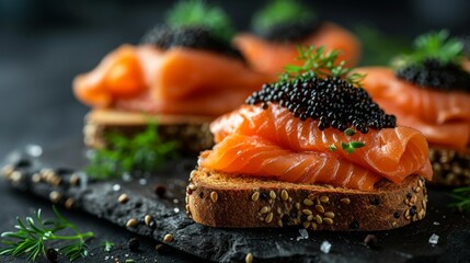 Delicious black caviar sandwiches with salmon on a black background - obrazy, fototapety, plakaty