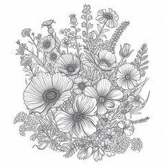 Hand drawn poppies and wildflowers. Coloring page. Black and white vector illustration.