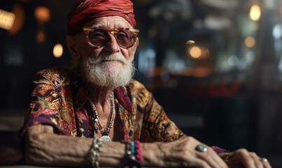 An old man wearing a turban and sunglasses. Generative AI.