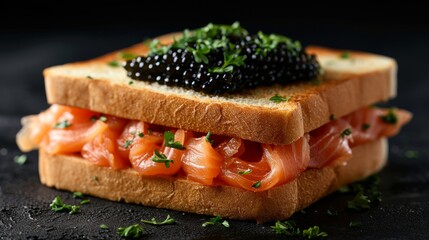 Delicious black caviar sandwiches with salmon on a black background
