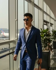 A man in a suit and sunglasses is walking through an airport. Generative AI.