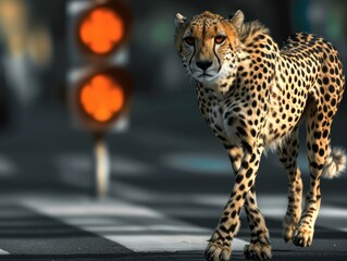 A cheetah crossing the street at night. Generative AI.