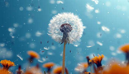 Dandelion on light blue background copy space. Minimalism spring background. Dandelion seeds flying in the blue sky. Useful for spring themes or serenity, joy, freshness concepts. Space for copy.