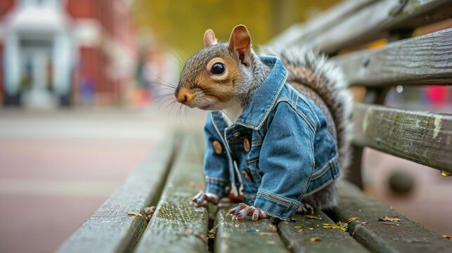 A squirrel wearing a denim jacket sitting on a bench. Generative AI.