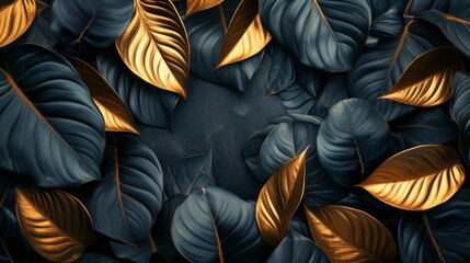 Exotic black and gold leaves with space
