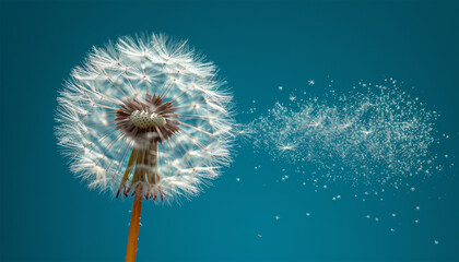 Dandelion on light blue background copy space. Minimalism spring background. Dandelion seeds flying in the blue sky. Useful for spring themes or serenity, joy, freshness concepts. Space for copy.
