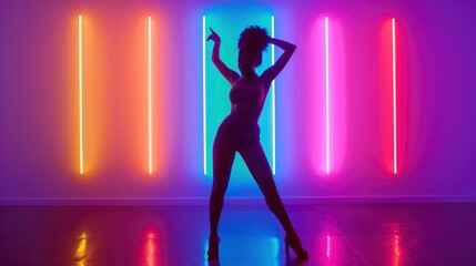 Neon Groove Stylish Modern Girl Dances amidst Vibrant Studio Lights