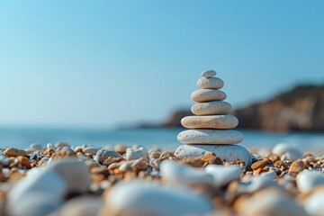 Pyramid stones balance on the beach against a blue bright sky. Object in focus, blurred background, idea of a vacation or retweet by the sea