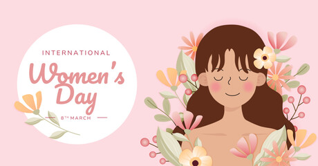 Women day. beautiful woman with flower. Female mental health, blooming brain, positive mind. Self care, love, wellbeing. Women day art vector illustration