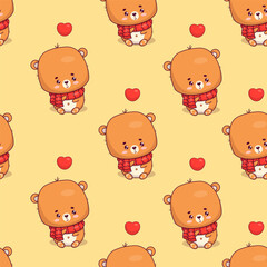 Seamless pattern with cute bear teddy cub with hearts on yellow background. Funny kawaii animal character. Vector illustration. Kids collection.