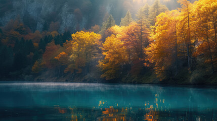 Naklejka na ściany i meble Golden sunrise over forest and calm lake in autumn tranquility