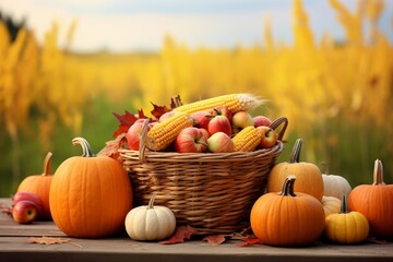 illustration of Basket Of Pumpkins Apples And Corn On Harvest Tabl, Generative ai