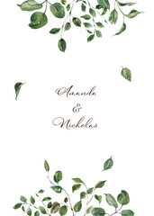 Watercolor botanical frame featuring green leaf and foliage. Floral greenery border. Spring lush leaves painting. PNG clipart. Invitation template.