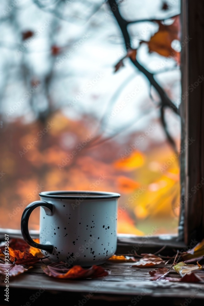 Sticker Autumn cup on window sill autumn leaves and autumn trees. Generative AI.