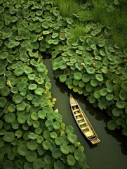 A boat floating in a river surrounded by green leaves. Generative AI.