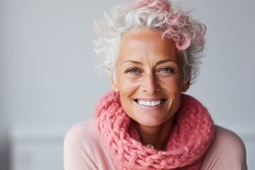 Portrait of a happy senior woman with pink hair smiling at the camera - obrazy, fototapety, plakaty