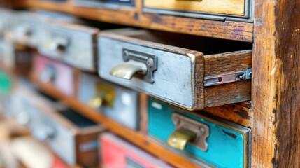 A row of drawers with many different colored metal handles. Generative AI.