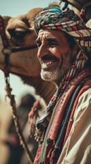 Fototapeta premium An old man with a turban and a camel. Generative AI.