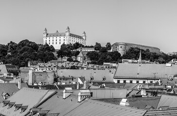 Bratislava, Slovakia: Panoramic rooftop view of Bratislava Castle, the cathedral and the old town - 733738901