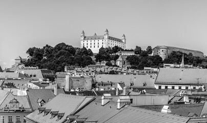 Bratislava, Slovakia: Panoramic rooftop view of Bratislava Castle, the cathedral and the old town - 733738924