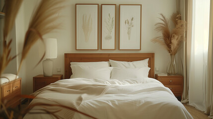 Cozy Bedroom with Wooden Headboard and Neutral Bedding with Botanical Art