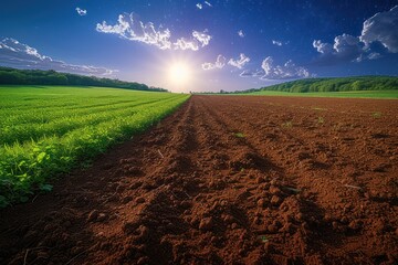 Rural landscape with agricultural field half plowed and half planted under blue sky in sunny day in countryside