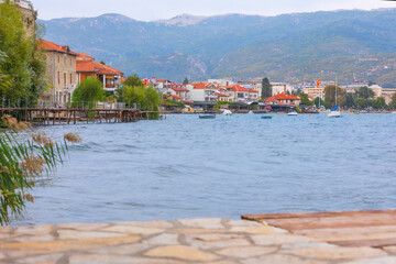 Fototapeta na wymiar Lake Ohrid and city panoramic view in North Macedonia