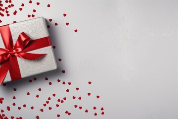 Silver gift box with a bow of red ribbon on a gray background top view with red bright hearts....