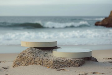 Fototapeta na wymiar Two empty round platform podiums on the beach sand