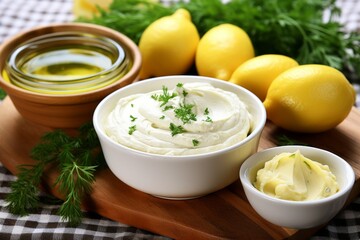 Obraz na płótnie Canvas A white bowl of mayonnaise with olive