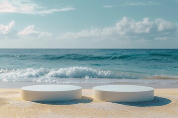 Fototapeta na wymiar Two empty round platform podiums on the beach sand