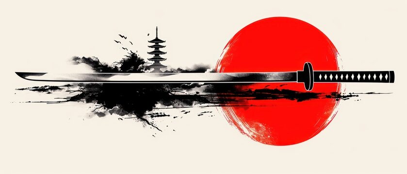 Double katana sword samurai ronin with red circle sun japanese style tattoo flat  icon design.