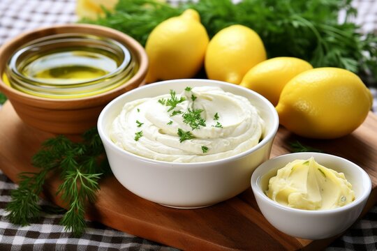 A white bowl of mayonnaise with olive