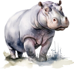 Watercolor hippo on transparent background