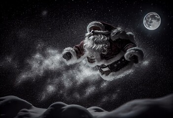 Santa Claus flies on Christmas Eve in the night sky with snow. Generative AI