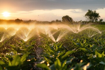 Sprinklers watering field at sunrise