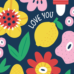 Floral vector greeting card with flowers, fruit, lemon, berry, plant, leaf, mushroom, bushes, nature in hand drawn flat style. Modern stylish illustration