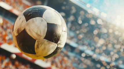 Close-up of a worn soccer ball in a stadium setting. Used football flying in the air against...