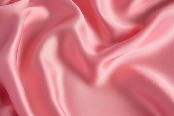 Fototapeta premium Creased coral light pink color smooth satin silk cloth texture decorate background with minimalistic luxury style and space