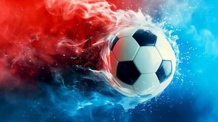 Fototapeta premium Football ball action banner, dynamic clash of elements in explosive action. Fire and ice themed flying football ball. Soccer ball banner with fiery and icy effects symbolizing competition and energy