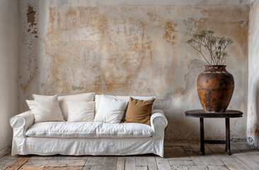 A white sofa with cushions in a rustic Mediterranean country home interior with bare walls and vase