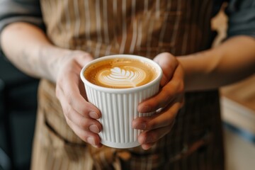 Barista in apron is holding in hands flat white , latte art, in white takeaway paper cup. 