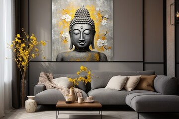 illustration of buddha painted canvas in the style of silver, Generative ai - obrazy, fototapety, plakaty