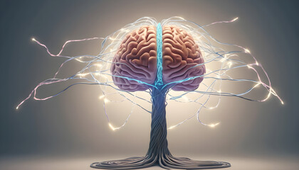 Glowing brain with rotating patterns representing artificial intelligence and data processing. Concept of intellectual capacity. Generative AI